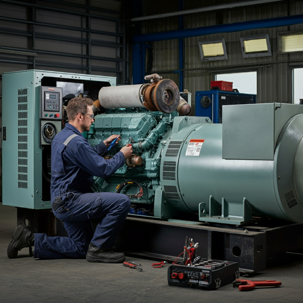 Technician repairing a generator with tools, provided by one of the leading generator repair companies, Smart Technical Services.