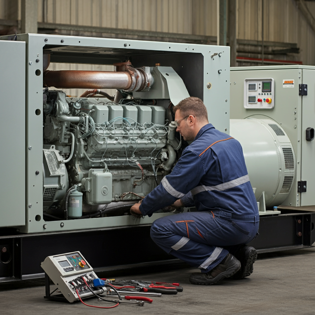 Professional technician from Smart Technical Services performing generator repair services near me in Jeddah, Saudi Arabia. The technician is inspecting the generator's components to ensure reliable backup power during outages.