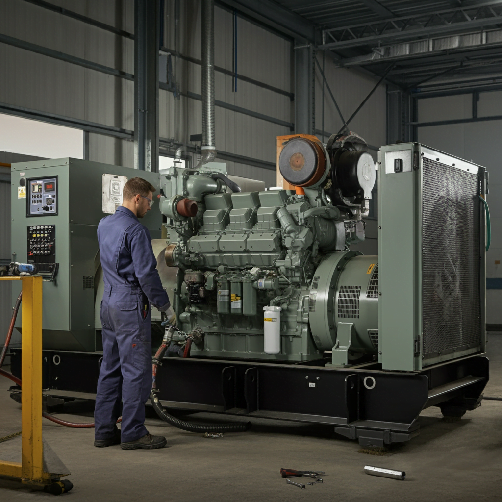 Professional generator technician inspecting and repairing a diesel generator to ensure optimal performance and uninterrupted power supply.