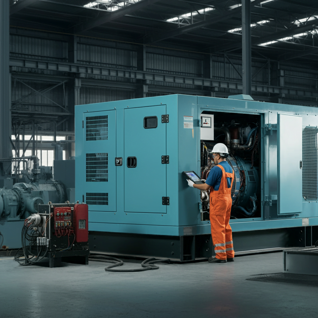 Technicians performing maintenance on an industrial generator in a large facility, ensuring seamless power supply for heavy machinery. Highlighting professional industrial generator services for uninterrupted operations.