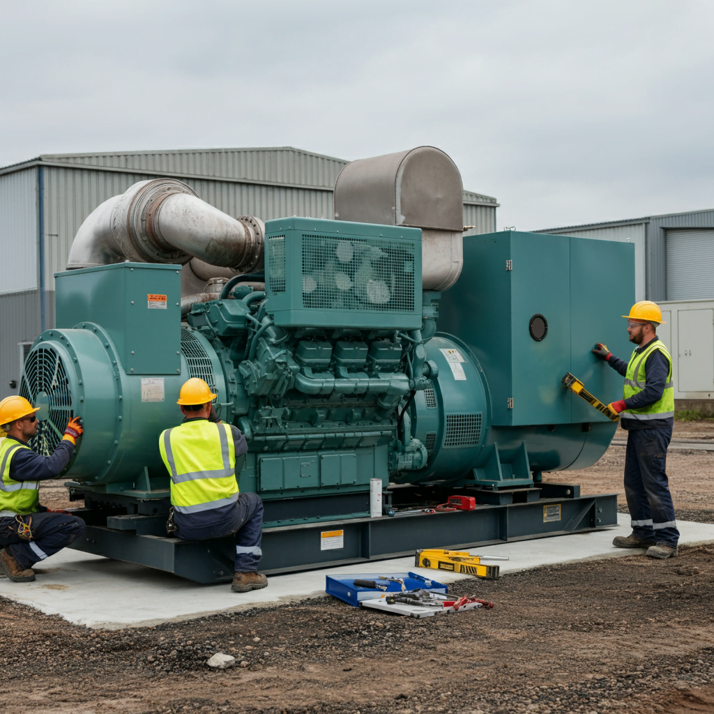 Technicians performing the installation of a diesel generator in an industrial setting, ensuring proper placement and connection of electrical wiring for reliable power supply.