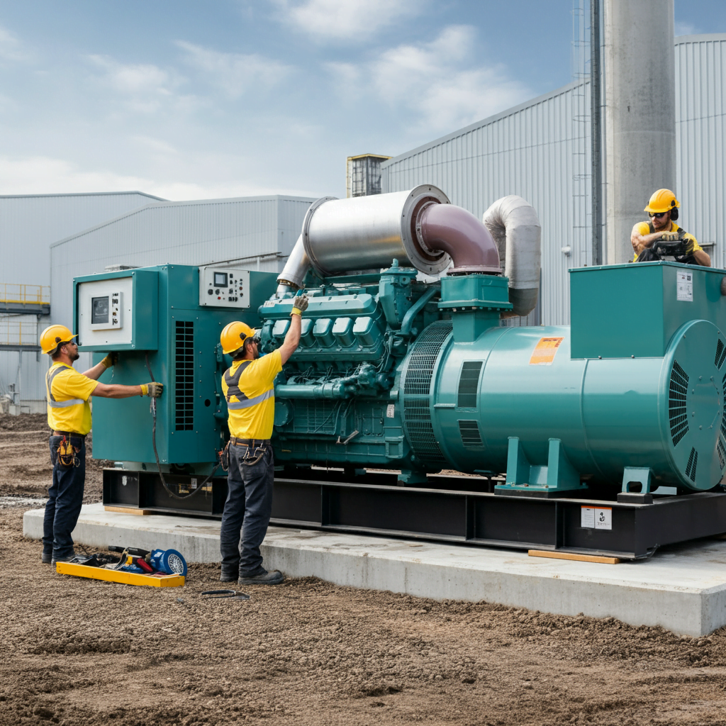 Technicians performing the installation of a standby generator at a commercial site, ensuring reliable backup power during outages.