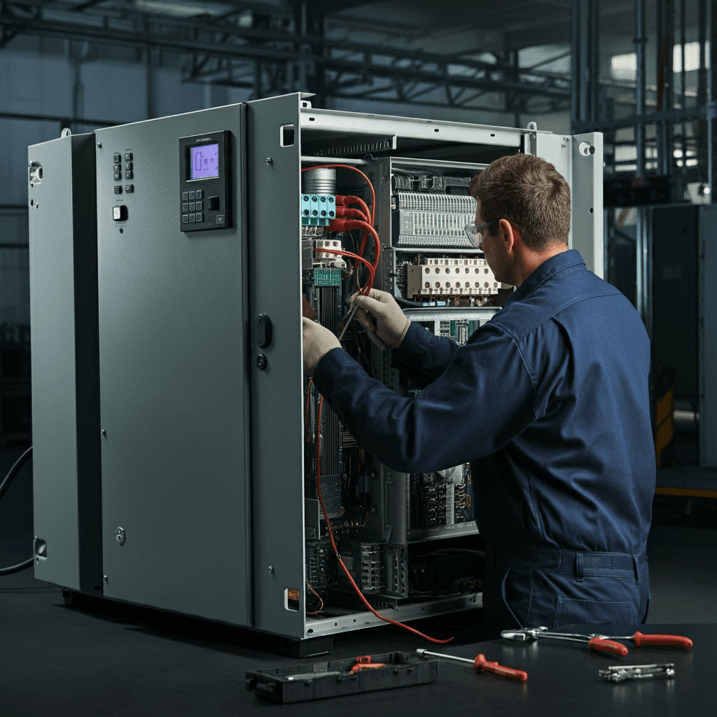 Technician installing a 400 amp ATS switch in a commercial facility for seamless power transfer.