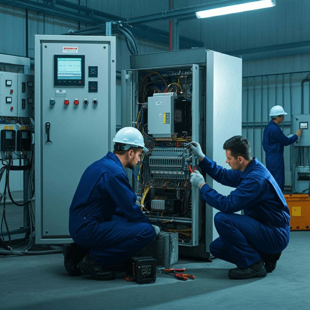 Technician servicing an ATS automatic transfer switch panel