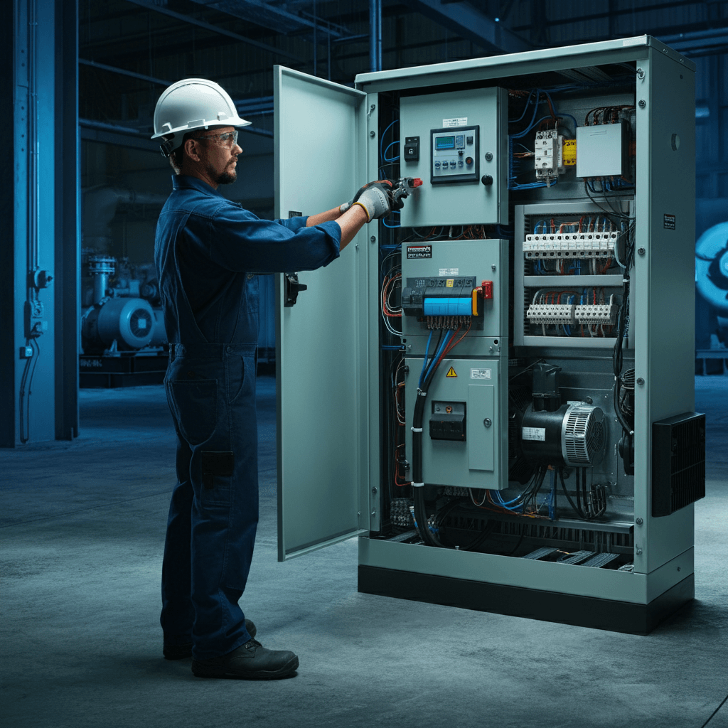 "Technician performing ATS installation in a commercial facility, ensuring reliable power transfer for uninterrupted operations – Smart Technical Services provides expert ATS installation services."