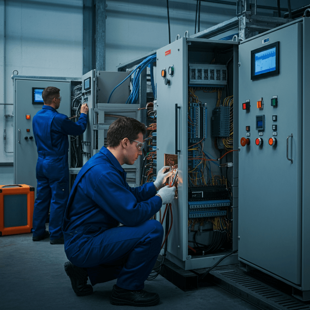 Technicians performing repair, maintenance, and installation of an automatic changeover switch.