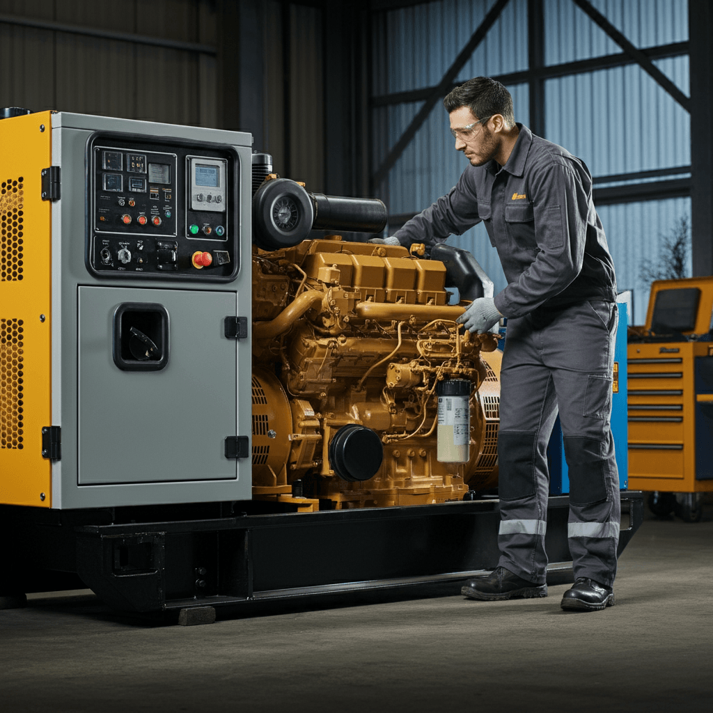 Technician repairing a diesel generator in a professional workshop, wearing safety gear and inspecting generator components.