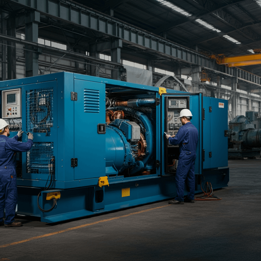  A technician repairing a commercial generator outdoors, highlighting professional generator services near me, including repair, maintenance, and installation.