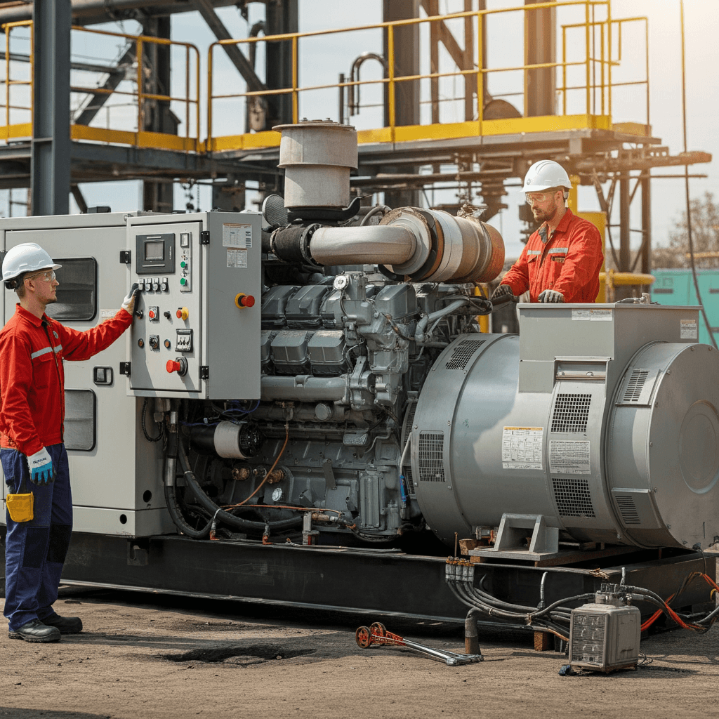 Technicians performing industrial generator service on a large diesel generator in a factory setting.