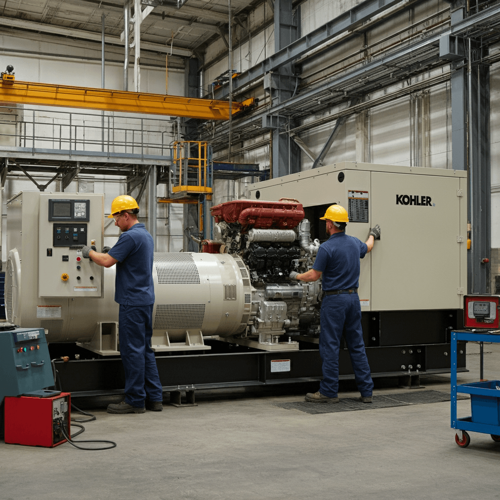 Technicians performing maintenance and repair on an industrial Kohler generator in a workshop setting.