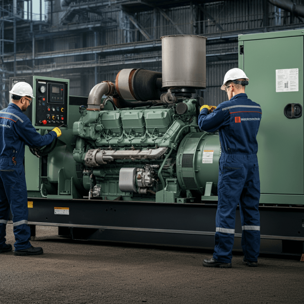 Technician performing maintenance for generator at a commercial site.