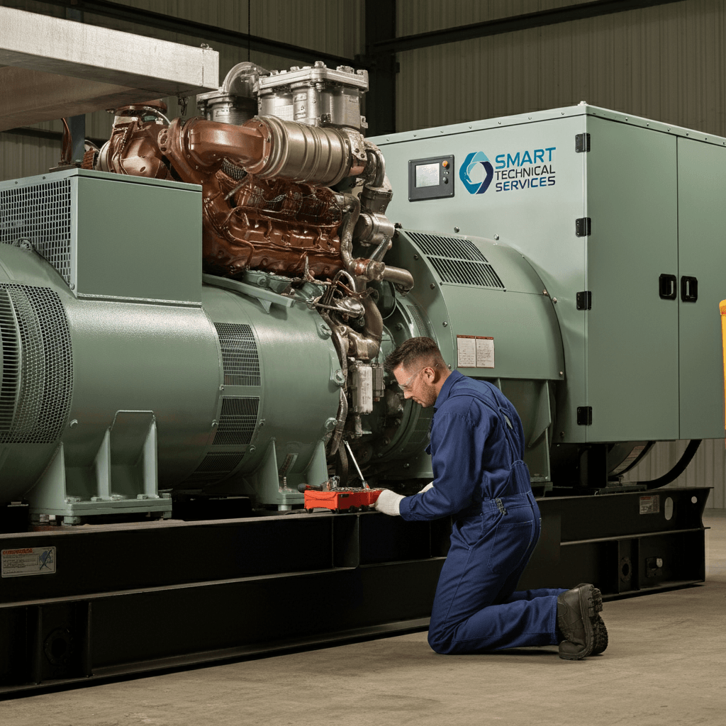 Technician performing preventive maintenance on a diesel generator