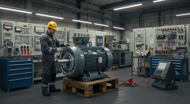 Technician performing motor rewinding services, inspecting and repairing an industrial motor to restore efficiency and performance.